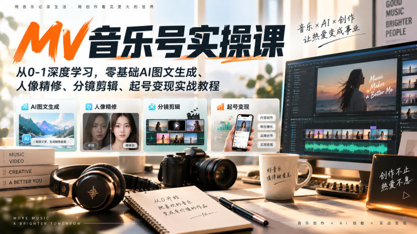 AI MV音乐号实操课，从0-1深度学习，零基础AI图文生成、人像精修、分镜剪辑、起号变现实战教程-爱搭资源网