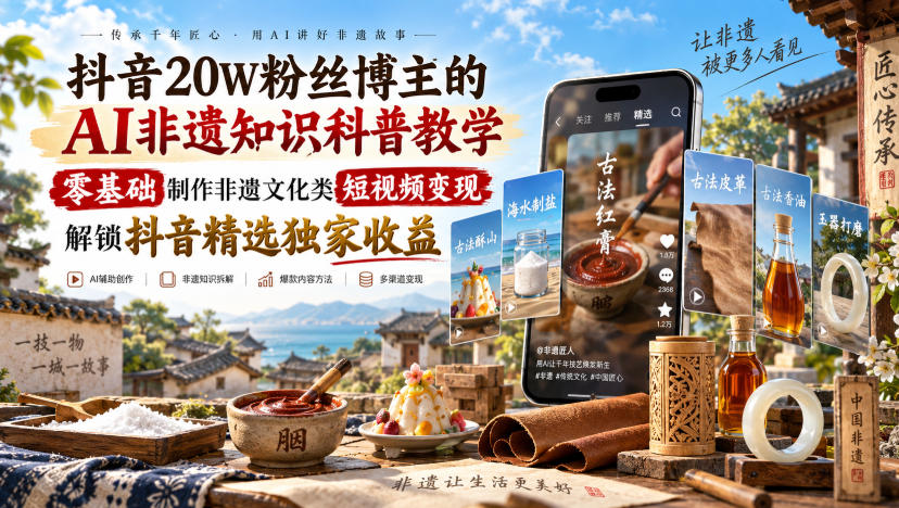 抖音20W粉丝博主的AI非遗知识科普教学，零基础制作非遗文化类短视频变现，解锁抖音精选独家收益-爱搭资源网