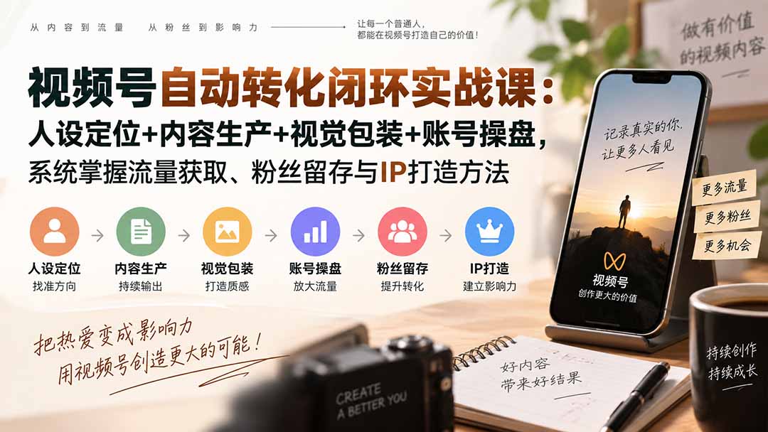 视频号自动转化闭环实战课：人设定位+内容生产+视觉包装+账号操盘，系统掌握流量获取、粉丝留存与IP打造方法-爱搭资源网