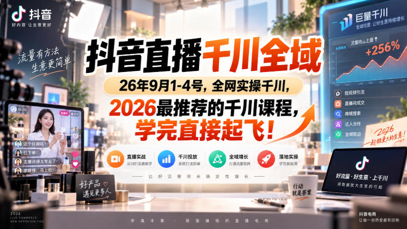 抖音直播千川全域26年9月1-4号，全网实操千川，2026最推荐的千川课程，学完直接起飞！-爱搭资源网