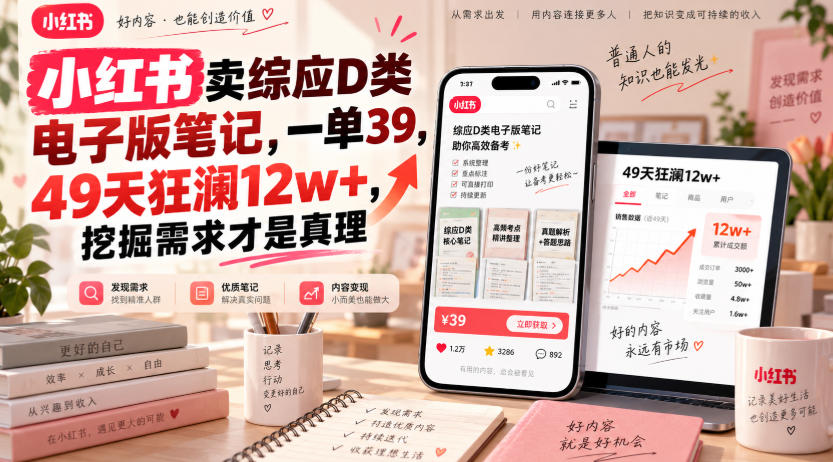 小红书卖综应D类电子版笔记，一单39，49天狂澜12w+，挖掘需求才是真理-爱搭资源网