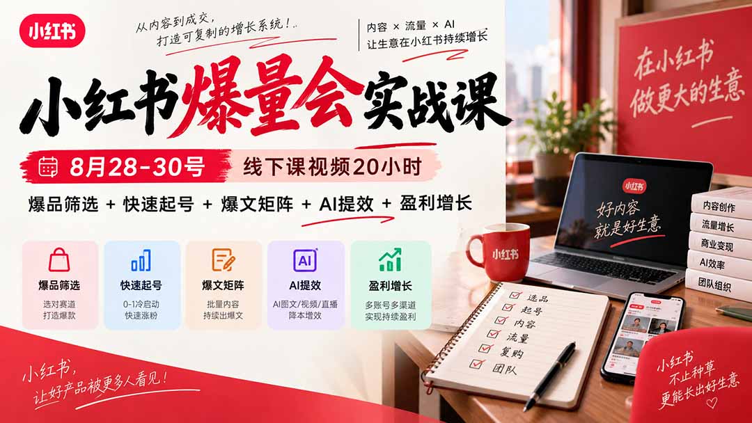 小红书爆量会实战课：8月28-30号线下课视频20小时，爆品筛选+快速起号+爆文矩阵+AI提效+盈利增长-爱搭资源网