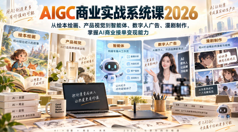 AIGC商业实战系统课2026，从绘本绘画、产品视觉到智能体、数字人广告、漫剧制作，掌握AI商业接单变现能力-爱搭资源网