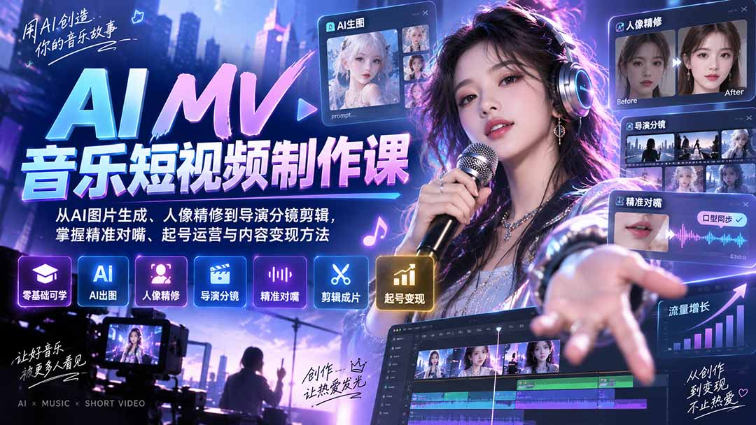AI MV音乐短视频制作课：从AI图片生成、人像精修到导演分镜剪辑，掌握精准对嘴、起号运营与内容变现方法-爱搭资源网