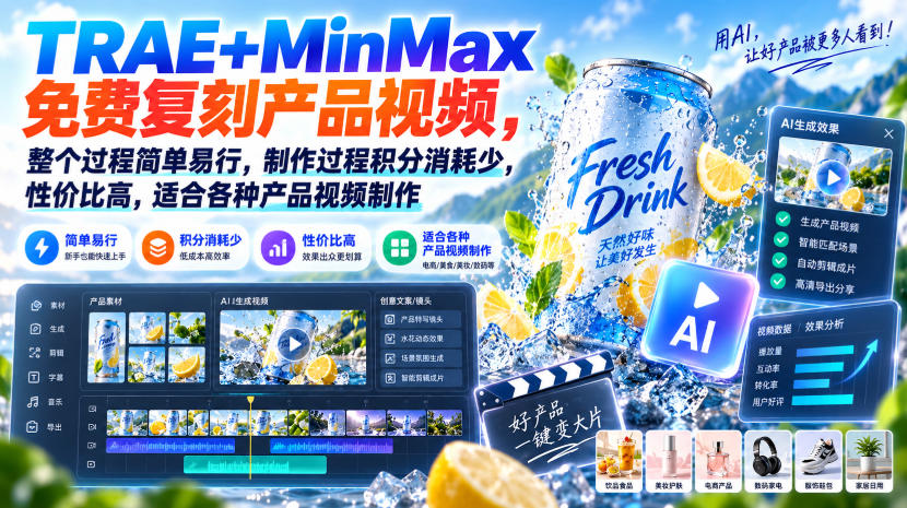 TRAE+MinMax免费复刻产品视频，整个过程简单易行，制作过程积分消耗少，性价比高，适合各种产品视频制作-爱搭资源网