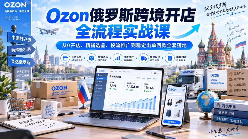 Ozon俄罗斯跨境开店全流程实战课｜从0开店、精铺选品、投流推广到稳定出单回款全套落地-爱搭资源网