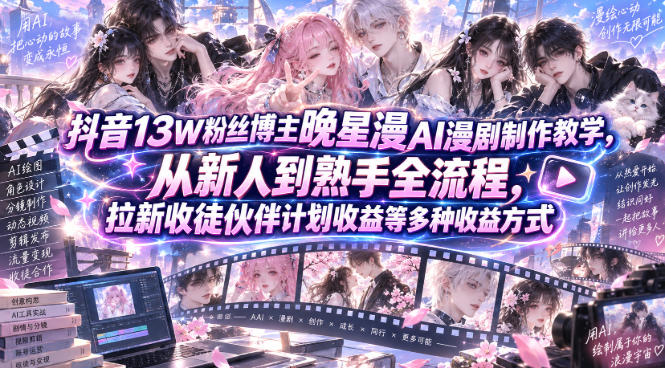 抖音13W粉丝博主晚星漫AI漫剧制作教学，从新人到熟手全流程，拉新收徒伙伴计划收益等多种收益方式，单日1K+-爱搭资源网