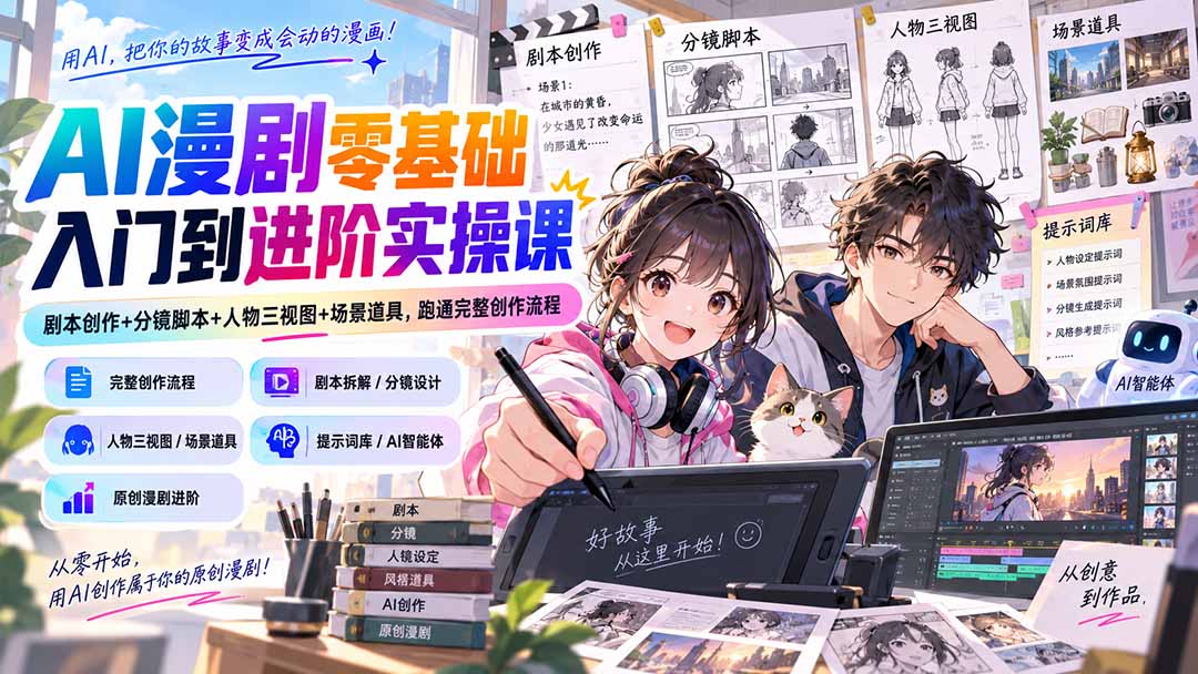 AI漫剧零基础入门到进阶实操课：剧本创作+分镜脚本+人物三视图+场景道具，跑通完整创作流程-爱搭资源网