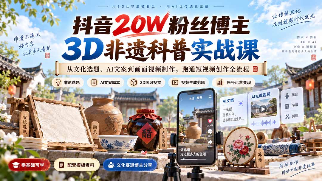 抖音20W粉丝博主3D非遗科普实战课：从文化选题、AI文案到画面视频制作，跑通短视频创作全流程-爱搭资源网