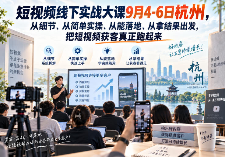 短视频线下实战大课9月4-6日杭州，从细节、从简单实操、从能落地、从拿结果出发，把短视频获客真正跑起来-爱搭资源网
