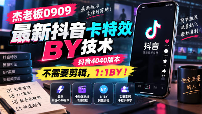 杰老板0909最新抖音卡特效搬运技术，抖音4040版本，不需要剪辑，1:1搬运！-爱搭资源网