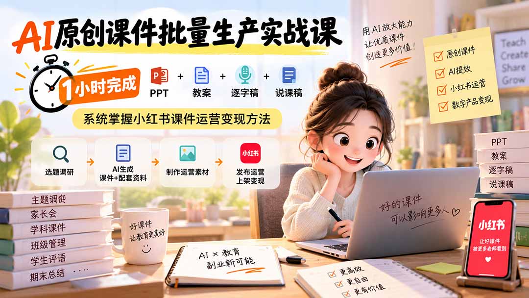 AI原创课件批量生产实战课：1小时完成PPT+教案+逐字稿+说课稿，系统掌握小红书课件运营变现方法-爱搭资源网