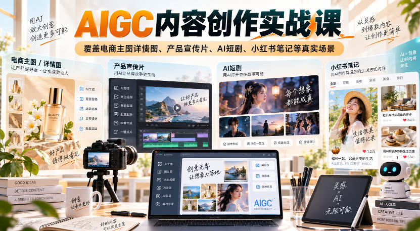 AIGC内容创作实战课，覆盖电商主图详情图、产品宣传片、AI短剧、小红书笔记等真实场景-爱搭资源网