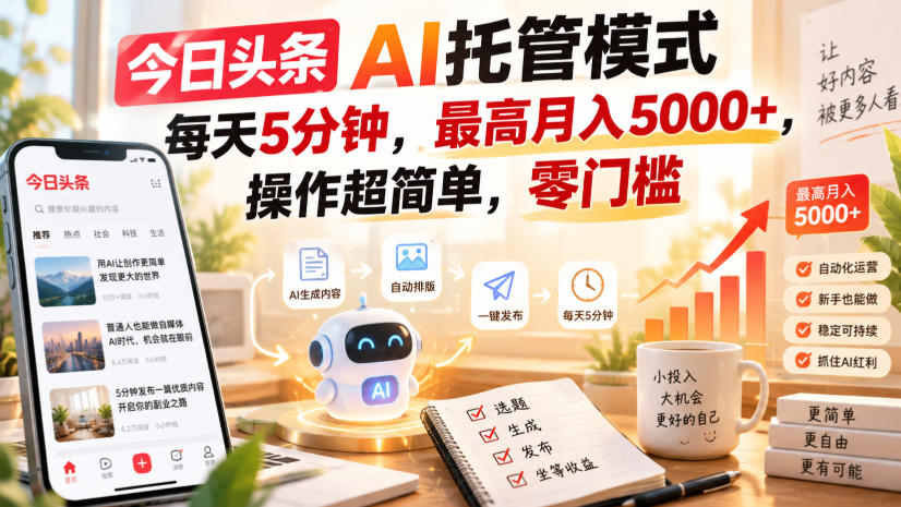 今日头条AI托管模式，每天5分钟，最高月入5000+，操作超简单，零门槛【揭秘】-爱搭资源网