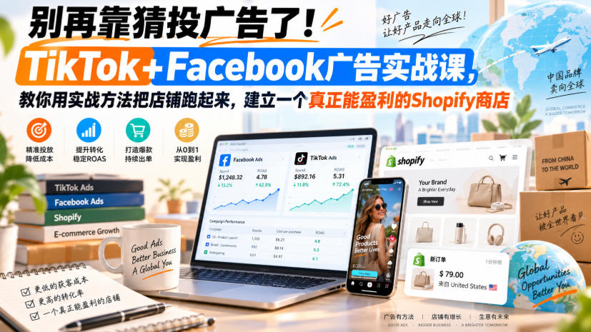 别再靠猜投广告了！TikTok+Facebook广告实战课，教你用实战方法把店铺跑起来，建立一个真正能盈利的Shopify商店【原创双语字幕】-爱搭资源网
