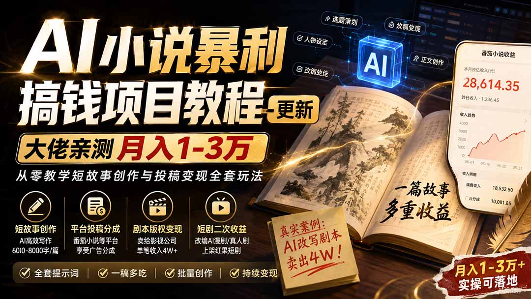 AI小说短故事暴利搞钱项目教程-更新，大佬亲测月入1-3万，从零教学短故事创作与投稿变现全套玩法-爱搭资源网