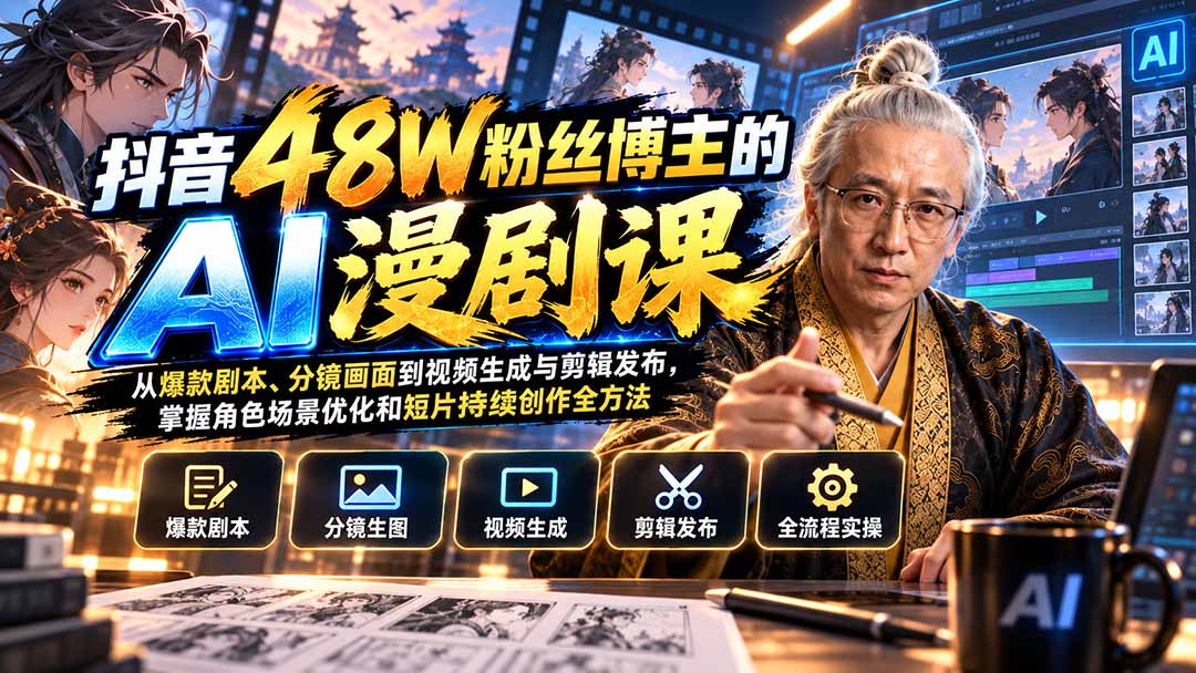 抖音48W粉丝博主的AI漫剧课：从爆款剧本、分镜画面到视频生成与剪辑发布，掌握角色场景优化和短片持续创作全方法-爱搭资源网