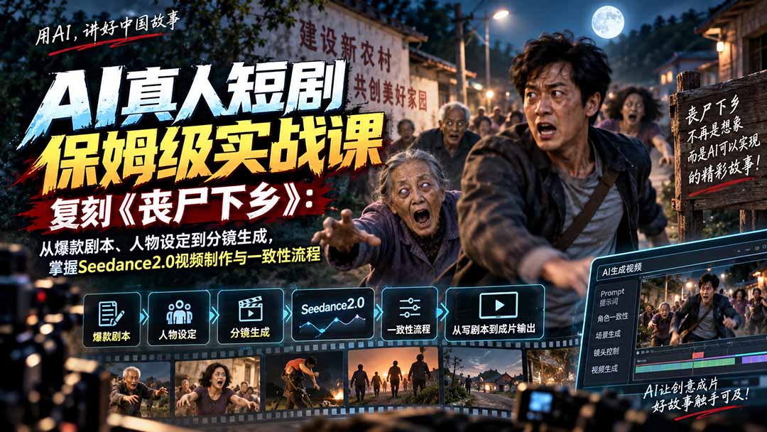 AI真人短剧保姆级实战课，复刻《丧尸下乡》：从爆款剧本、人物设定到分镜生成，掌握Seedance2.0视频制作与一致性流程-爱搭资源网