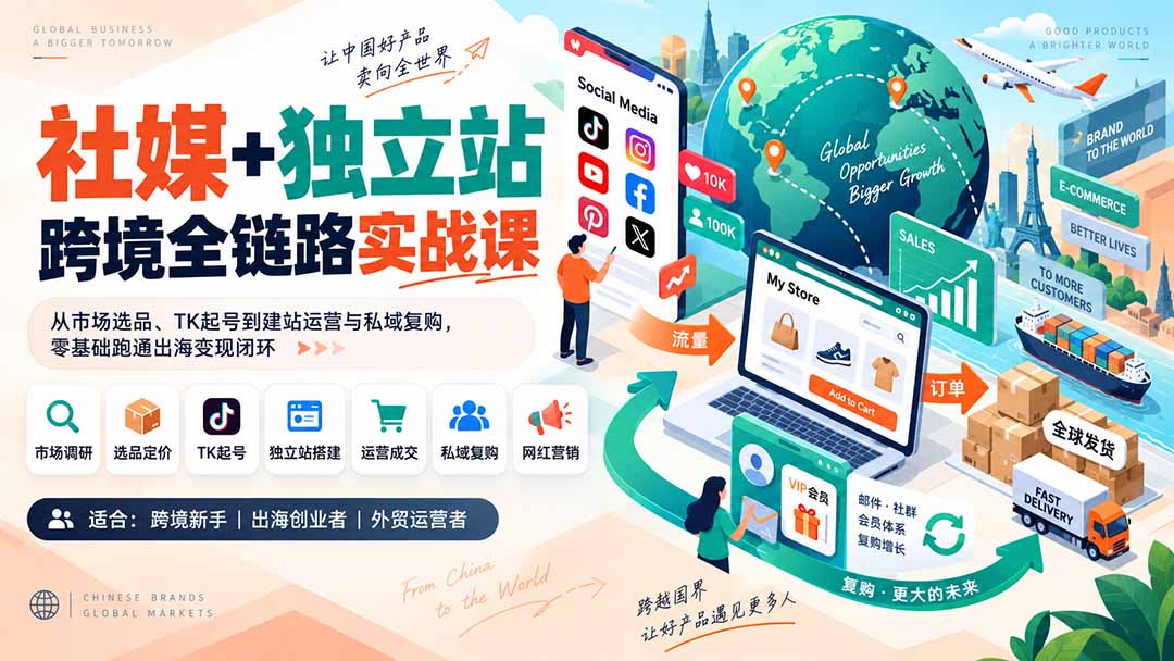 社媒+独立站跨境全链路实战课：从市场选品、TK起号到建站运营与私域复购，零基础跑通出海变现闭环-爱搭资源网