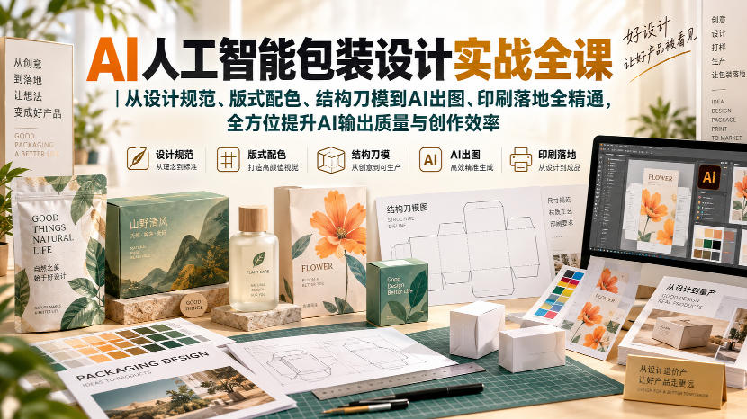 AI人工智能包装设计实战全课｜从设计规范、版式配色、结构刀模到AI出图、印刷落地全精通-爱搭资源网