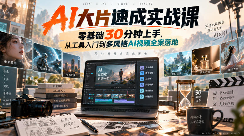 AI大片速成实战课｜零基础30分钟上手，从工具入门到多风格AI视频全案落地​-爱搭资源网