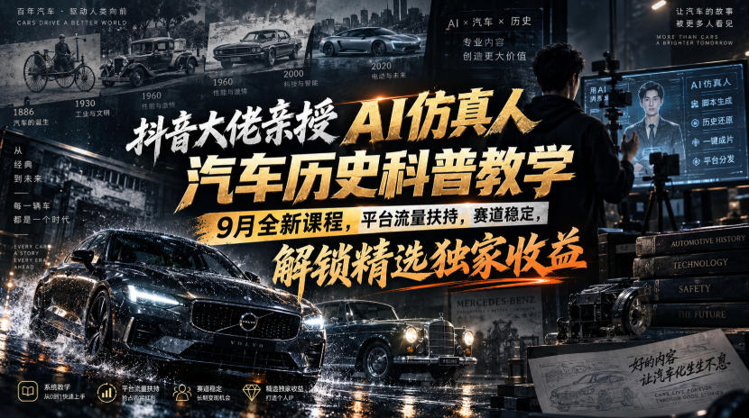 抖音大佬亲授AI仿真人汽车历史科普教学，9月全新课程，平台流量扶持，赛道稳定，解锁精选独家收益-爱搭资源网