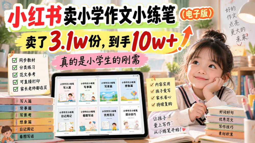 小红书卖小学作文小练笔(电子版)，卖了3.1w份，到手10w+，真的是小学生的刚需-爱搭资源网