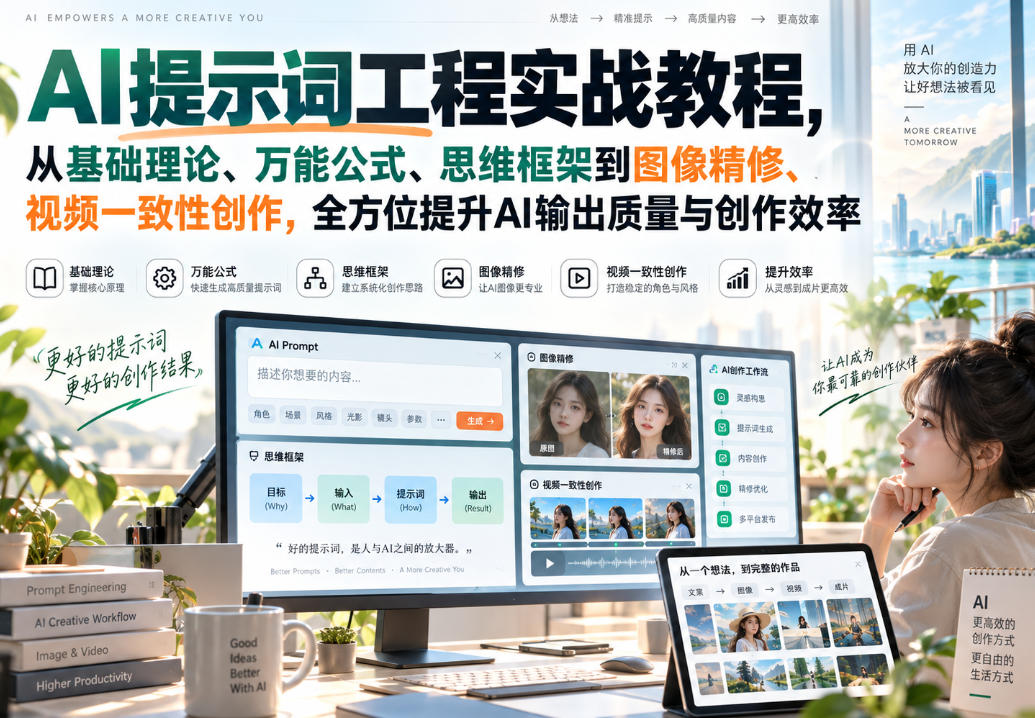AI提示词工程实战教程，从基础理论、万能公式、思维框架到图像精修、视频一致性创作，全方位提升AI输出质量与创作效率-爱搭资源网