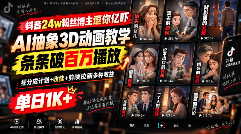 抖音24w粉丝博主逗你亿吓AI抽象3D动画教学，条条破百万播放，分成计划+收徒+剪映拉新多种收益，单日1K+-爱搭资源网
