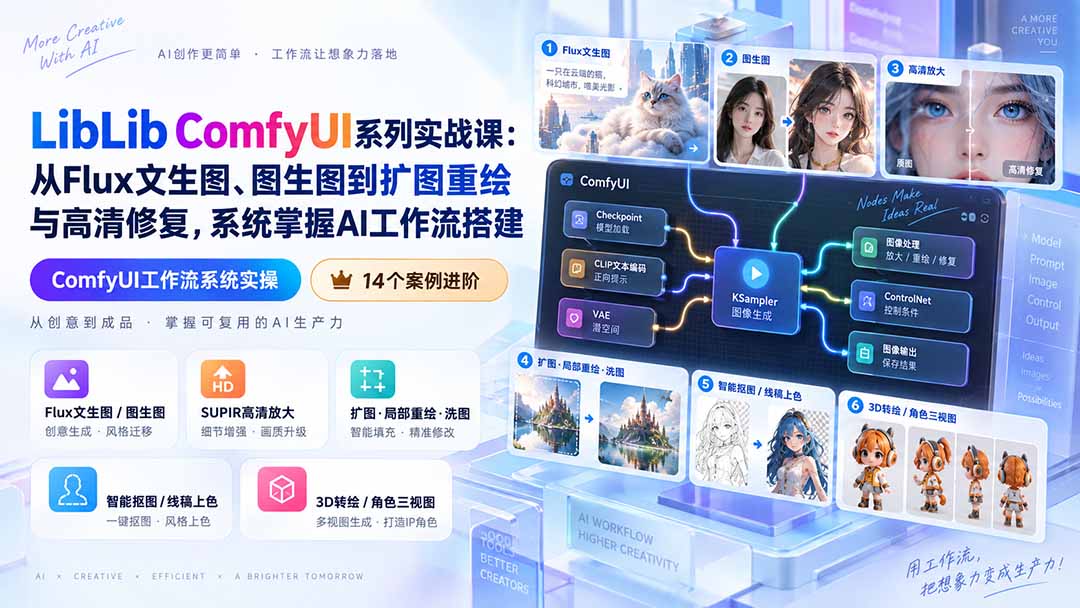 LibLib ComfyUI系列实战课：从Flux文生图、图生图到扩图重绘与高清修复，系统掌握AI工作流搭建-爱搭资源网