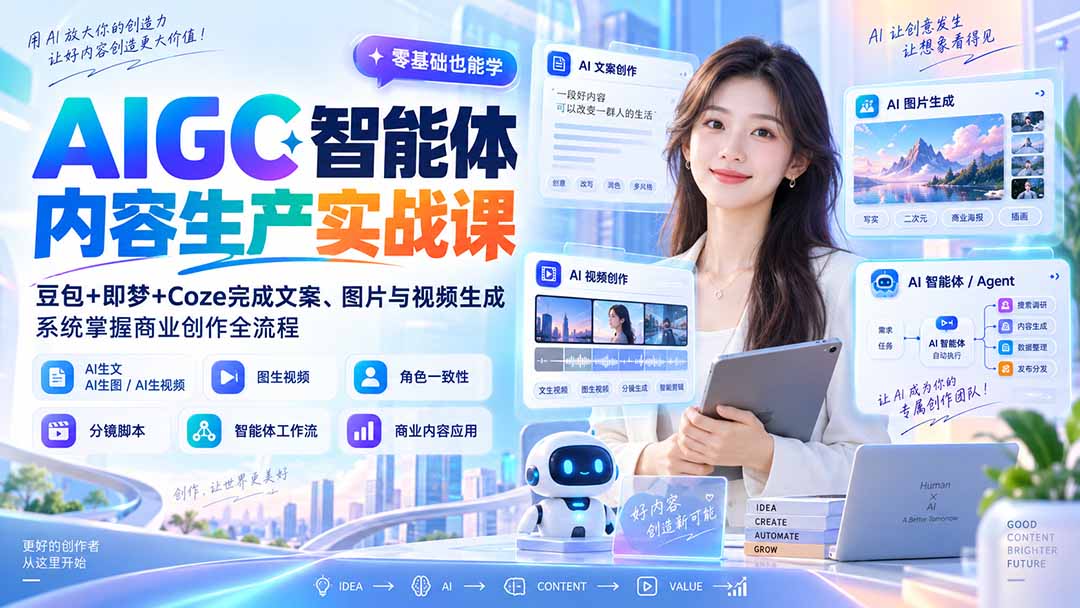 AIGC智能体内容生产实战课：豆包+即梦+Coze完成文案、图片与视频生成，系统掌握商业创作全流程-爱搭资源网