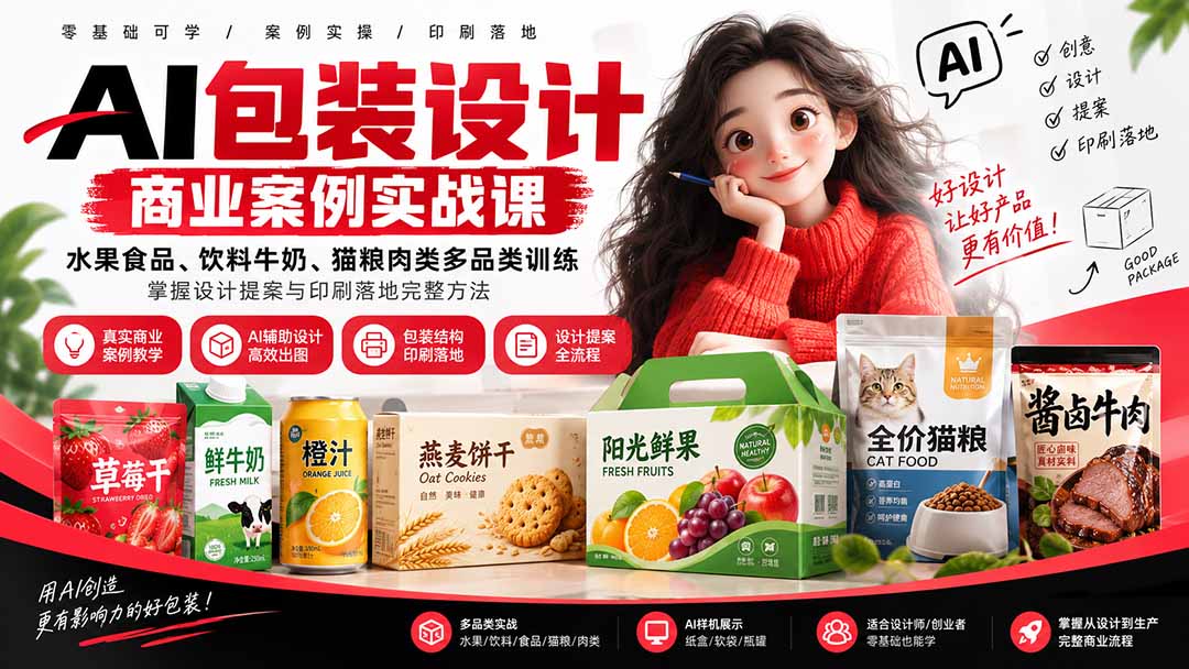 AI包装设计商业案例实战课：水果食品、饮料牛奶、猫粮肉类多品类训练，掌握设计提案与印刷落地完整方法-爱搭资源网