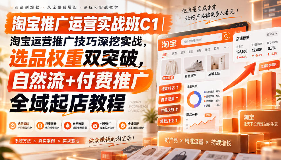 淘宝推广运营实战班C1｜淘宝运营推广技巧深挖实战，选品权重双突破，自然流+付费推广全域起店教程-爱搭资源网