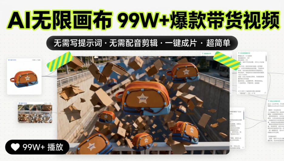 AI无限画布99W+爆款带货视频，无需写提示词·无需配音剪辑·一键成片·超简单-爱搭资源网