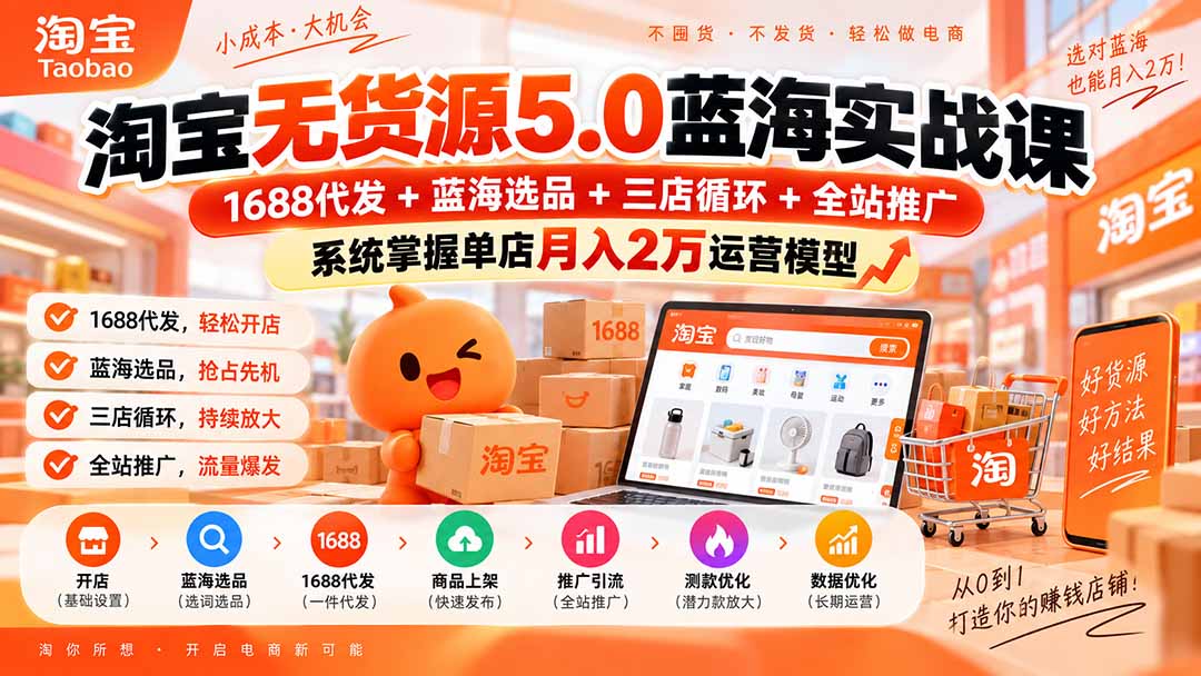 淘宝无货源5.0蓝海实战课-更新：1688代发+蓝海选品+三店循环+全站推广，系统掌握单店月入2万运营模型-爱搭资源网