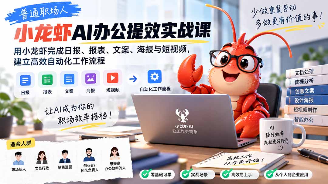 普通职场人AI办公提效实战课：用小龙虾完成日报、报表、文案、海报与短视频，建立高效自动化工作流程-爱搭资源网