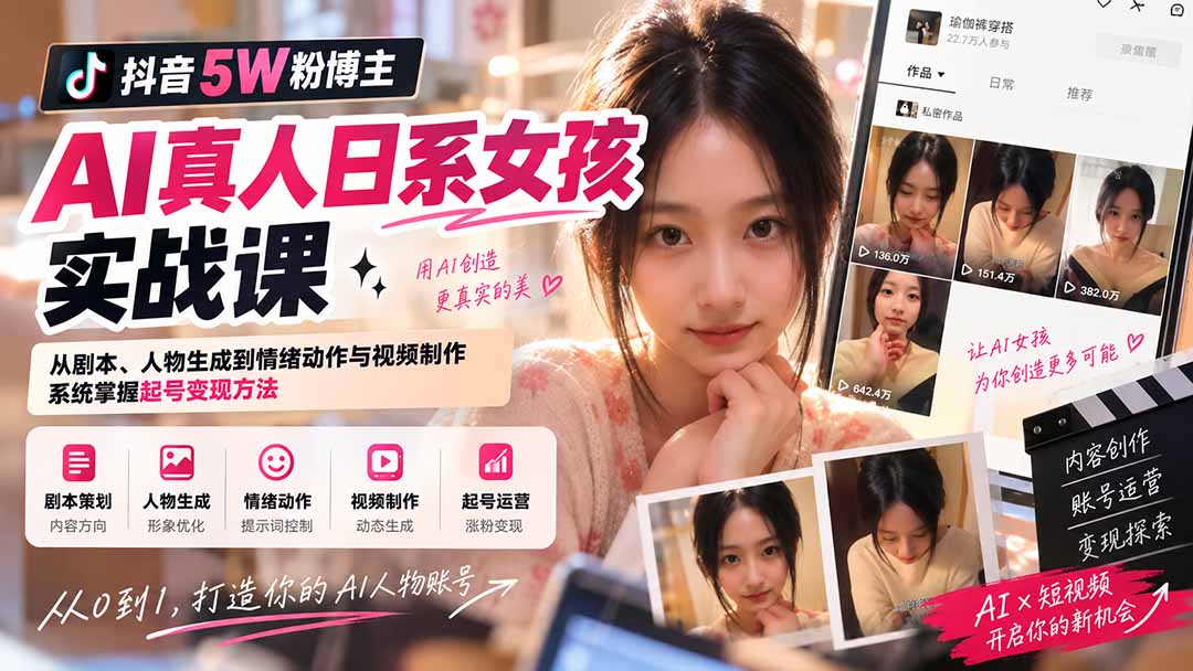 抖音5W粉博主AI真人日系女孩实战课：从剧本、人物生成到情绪动作与视频制作，系统掌握起号变现方法-爱搭资源网