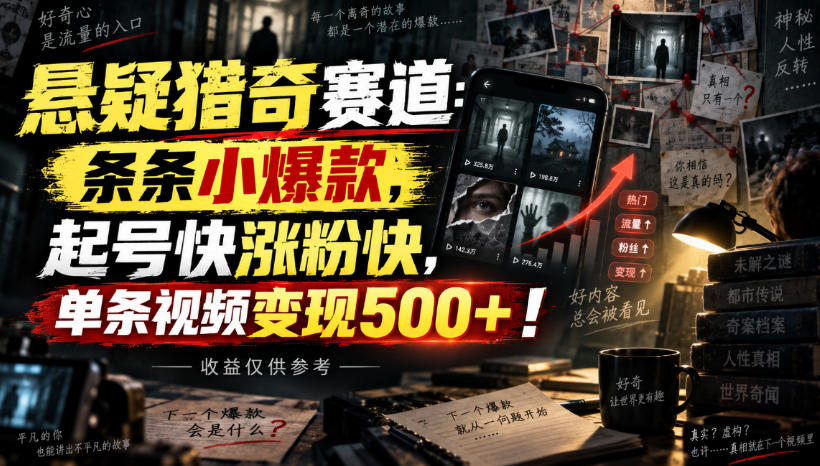 悬疑猎奇赛道：条条小爆款，起号快涨粉快，单条视频变现500+！收益仅供参考-爱搭资源网