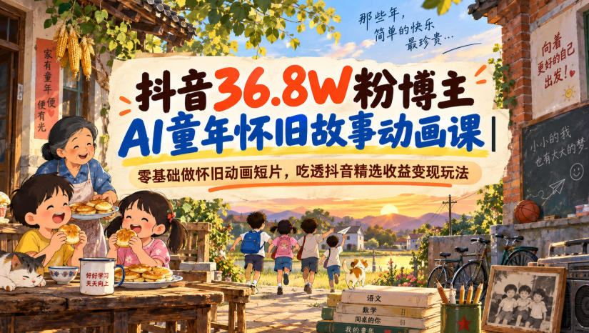 抖音36.8W粉博主AI童年怀旧故事动画课｜零基础做怀旧动画短片，吃透抖音精选收益变现玩法-爱搭资源网