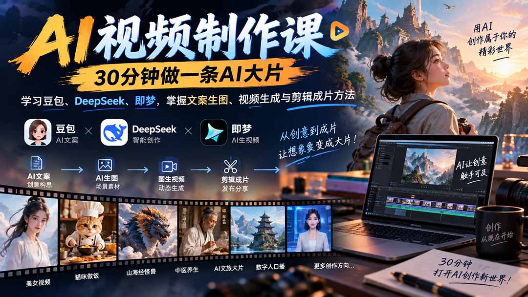 AI视频制作课-30分钟做一条AI大片：学习豆包、DeepSeek、即梦，掌握文案生图、视频生成与剪辑成片方法-爱搭资源网