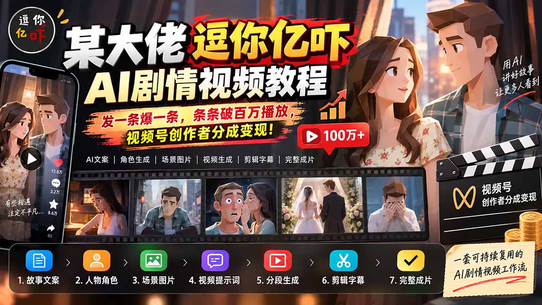 某大佬逗你亿吓AI低模剧情视频制作教程：发一条爆一条，条条破百万播放，利用视频号创作者分成变现!-爱搭资源网