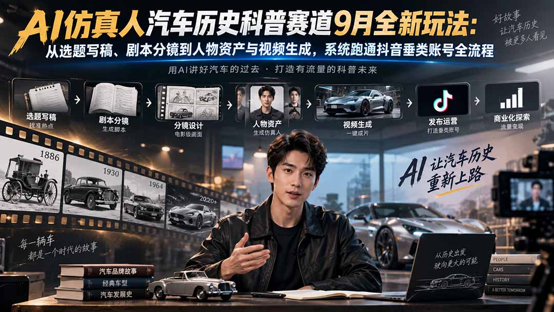 AI仿真人汽车历史科普赛道9月全新玩法：从选题写稿、剧本分镜到人物资产与视频生成，系统跑通抖音垂类账号全流程-爱搭资源网
