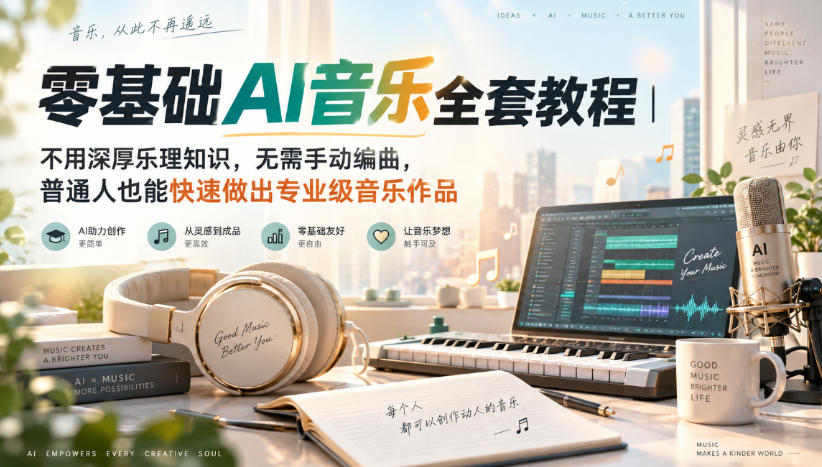 零基础AI音乐全套教程｜不用深厚乐理知识，无需手动编曲，普通人也能快速做出专业级音乐作品-爱搭资源网
