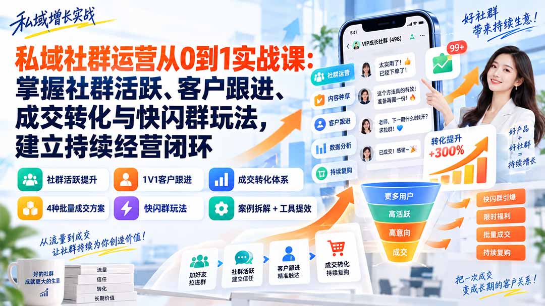 私域社群运营从0到1实战课：掌握社群活跃、客户跟进、成交转化与快闪群玩法，建立持续经营闭环-爱搭资源网