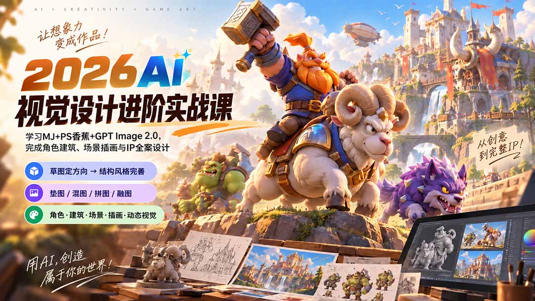2026AI视觉设计进阶实战课-更新：学习MJ+PS香蕉+GPT Image 2.0，完成角色建筑、场景插画与IP全案设计-爱搭资源网