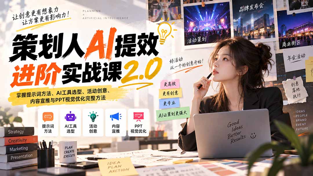 策划人AI提效进阶实战课2.0：掌握提示词方法、AI工具选型、活动创意、内容宣推与PPT视觉优化完整方法-爱搭资源网