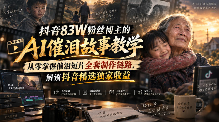 抖音83W粉丝博主的AI催泪故事教学，从零掌握催泪短片全套制作链路，解锁抖音精选独家收益-爱搭资源网