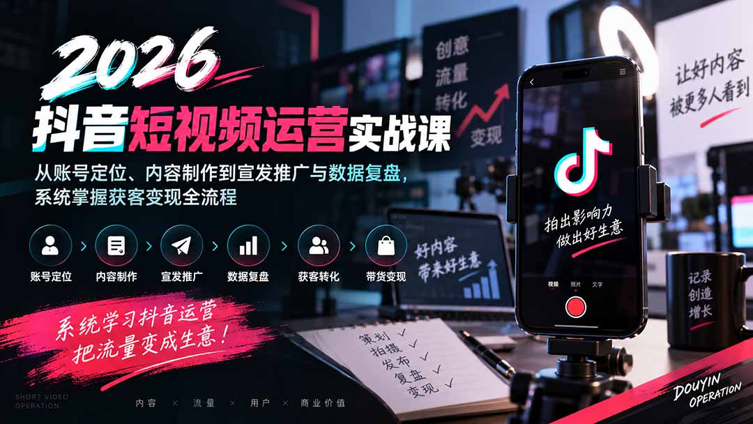 2026抖音短视频运营实战课：从账号定位、内容制作到宣发推广与数据复盘，系统掌握获客变现全流程-爱搭资源网