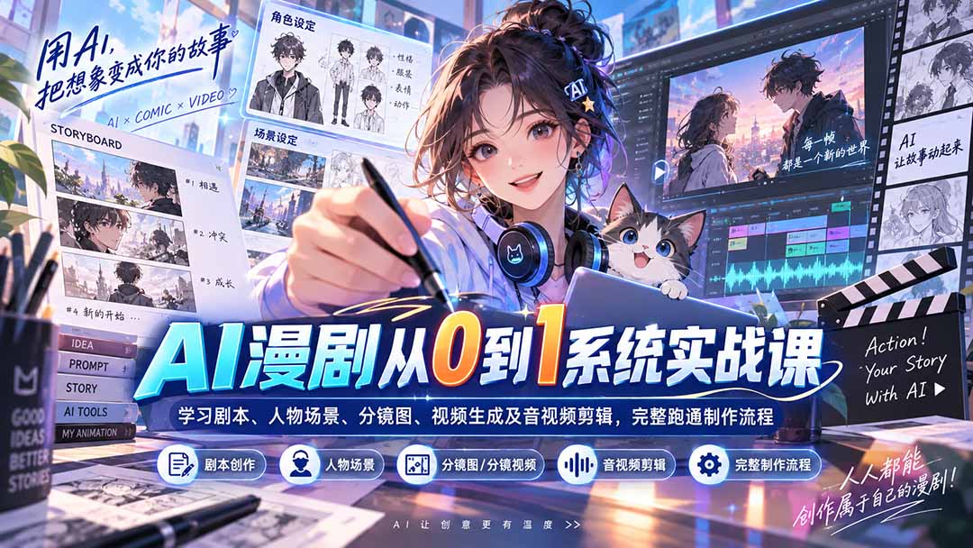 AI漫剧从0到1系统实战课：学习剧本、人物场景、分镜图、视频生成及音视频剪辑，完整跑通制作流程-爱搭资源网