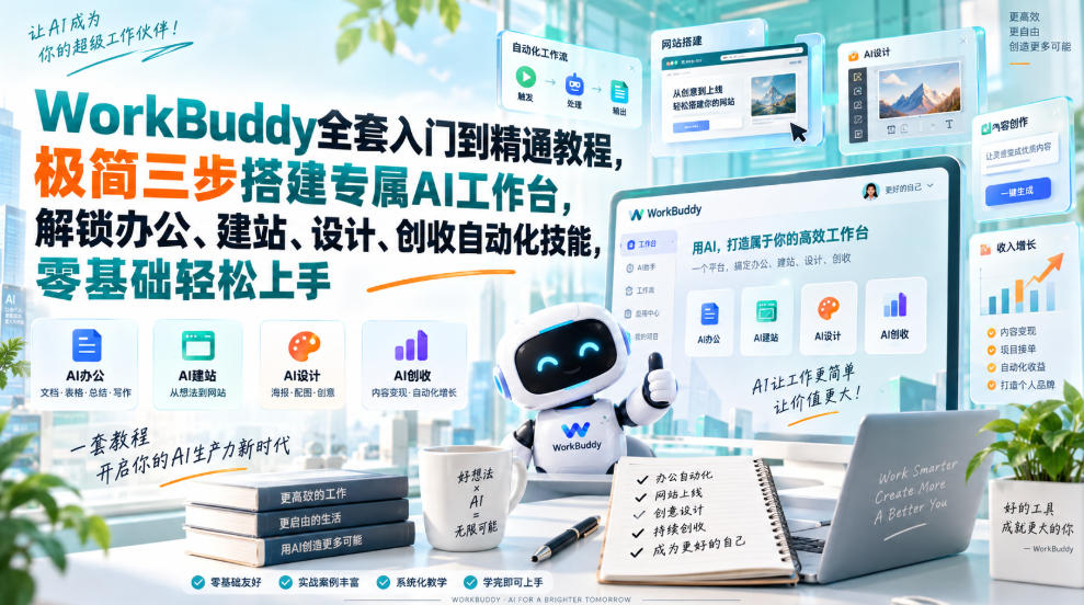 WorkBuddy全套入门到精通教程，极简三步搭建专属AI工作台，解锁办公、建站、设计、创收自动化技能，零基础轻松上手-爱搭资源网